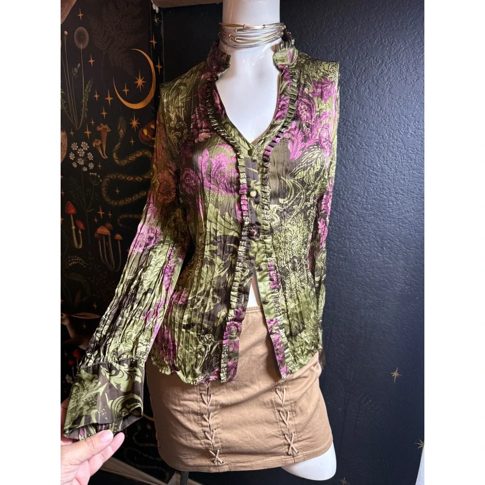 Agora Crinkle Pleat Floral Paisley Ruffle Blouse Olive Magenta Large